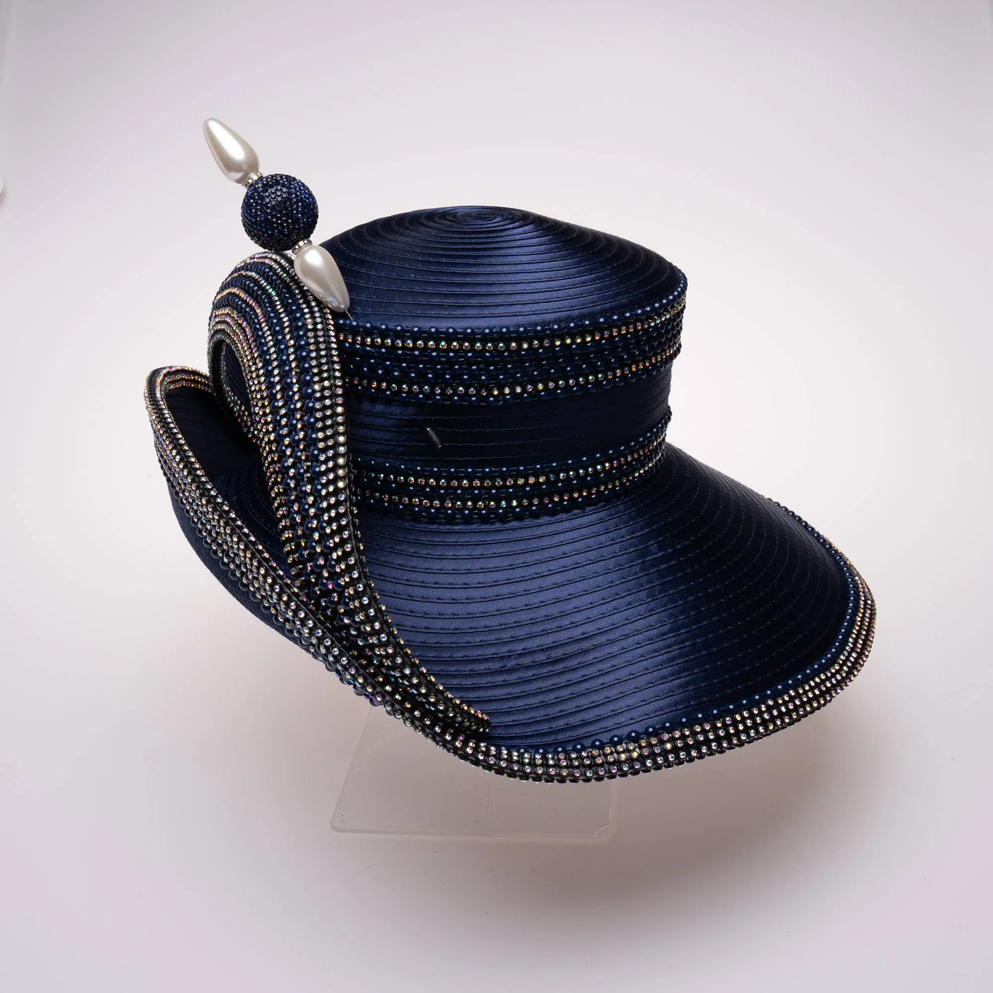 Extended Off Face Mad Hatter Brim with Rhinestones:Navy