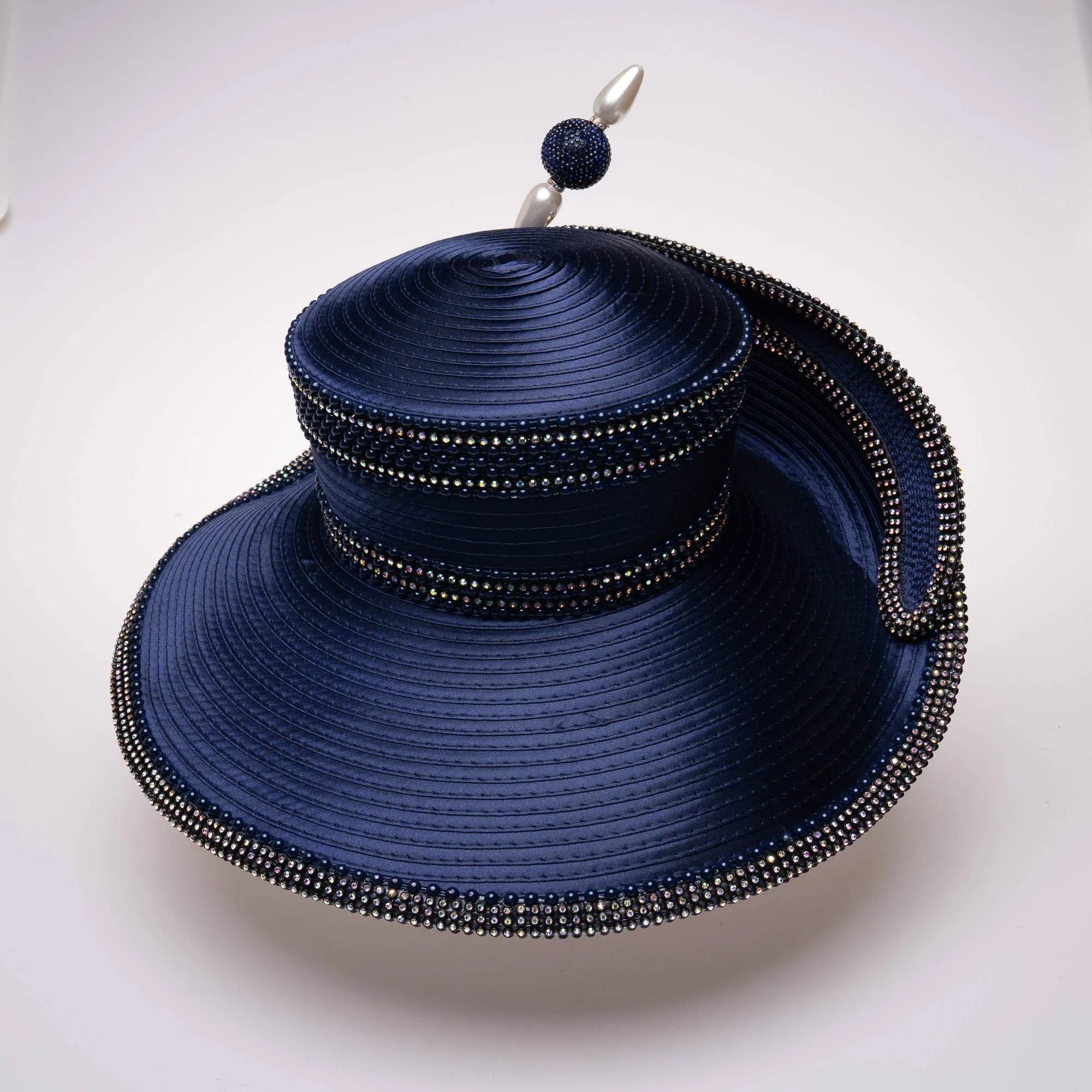 Extended Off Face Mad Hatter Brim with Rhinestones:Navy