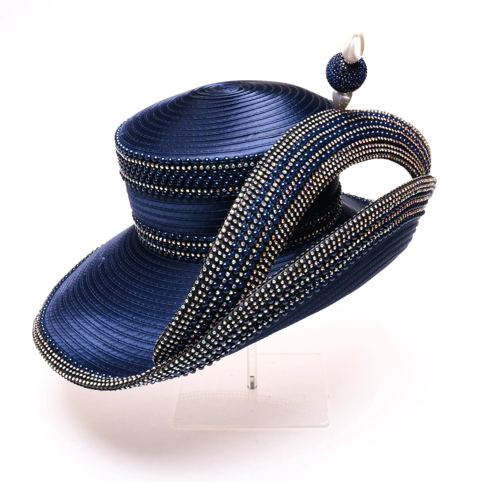 Extended Off Face Mad Hatter Brim with Rhinestones:Navy