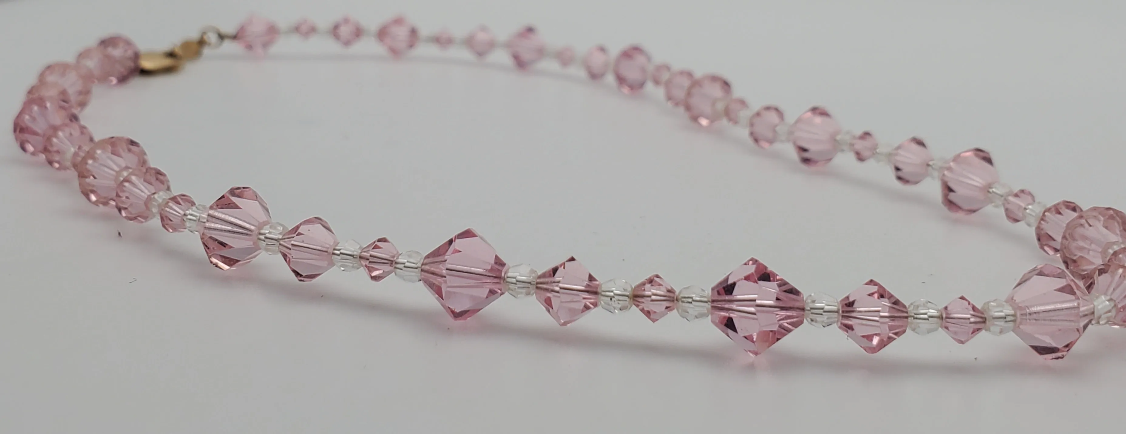 Faceted Cut Crystal Pink Glass Beaded Necklace with 10kt Gold Clasp - 16.5"