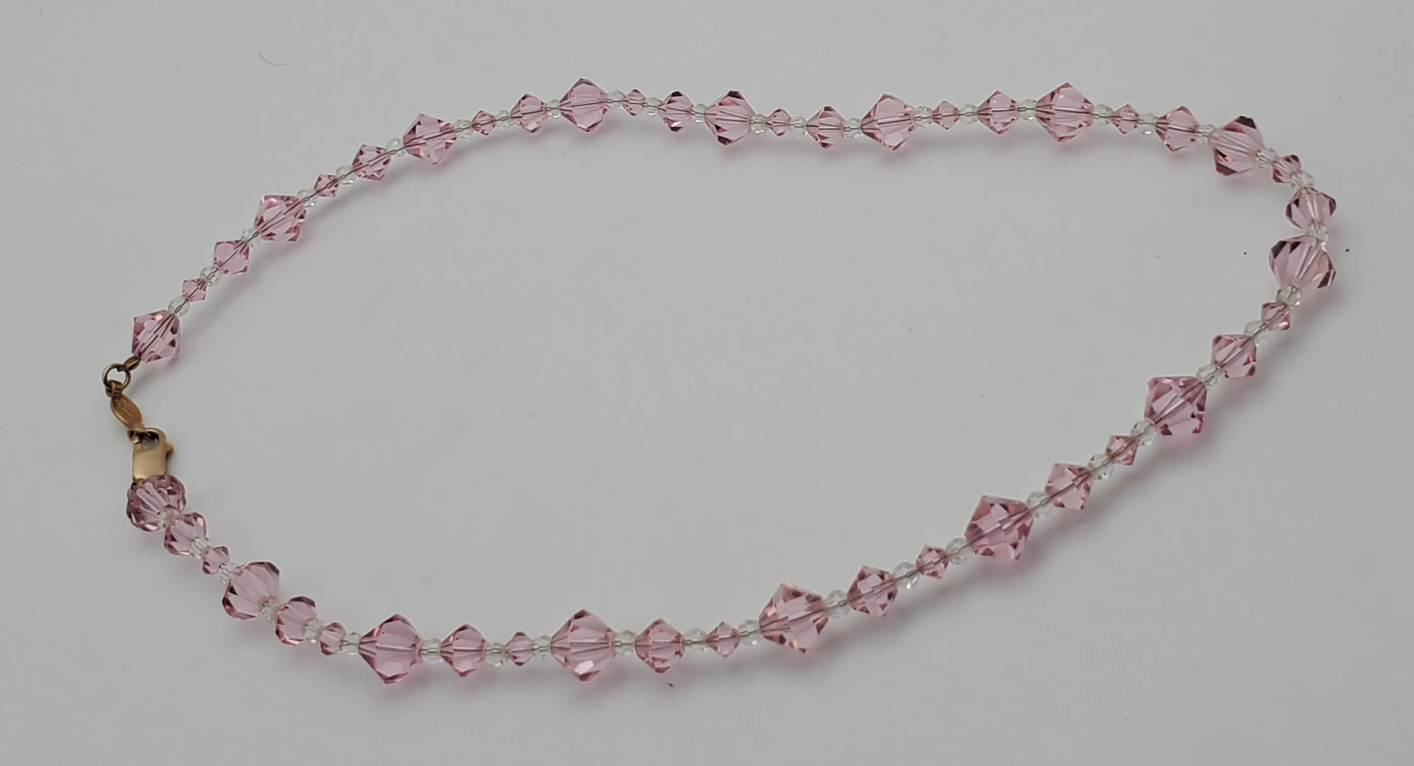 Faceted Cut Crystal Pink Glass Beaded Necklace with 10kt Gold Clasp - 16.5"