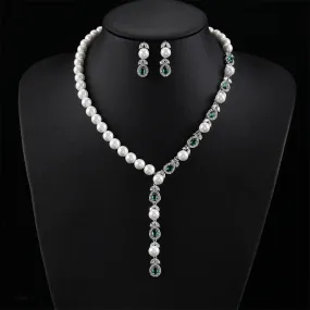 Fashion Women Green Crystal Pearl String Bridal Jewelry Sets Earrings Necklace Wedding Jewelry Accessories Set CN11024