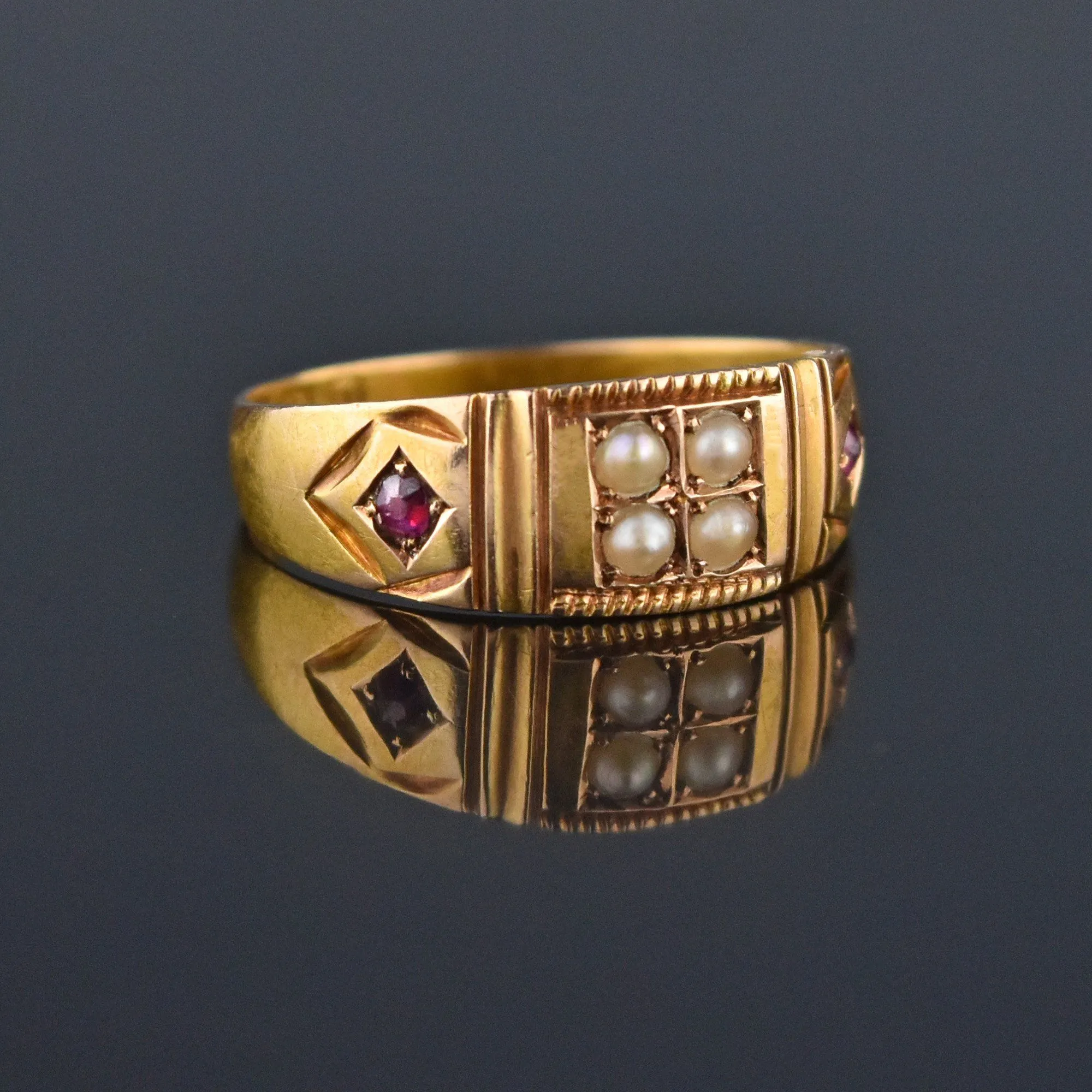 Final Payment Antique 15K Gold Ruby Pearl Gypsy Band Ring, C 1880s