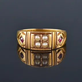 Final Payment Antique 15K Gold Ruby Pearl Gypsy Band Ring, C 1880s