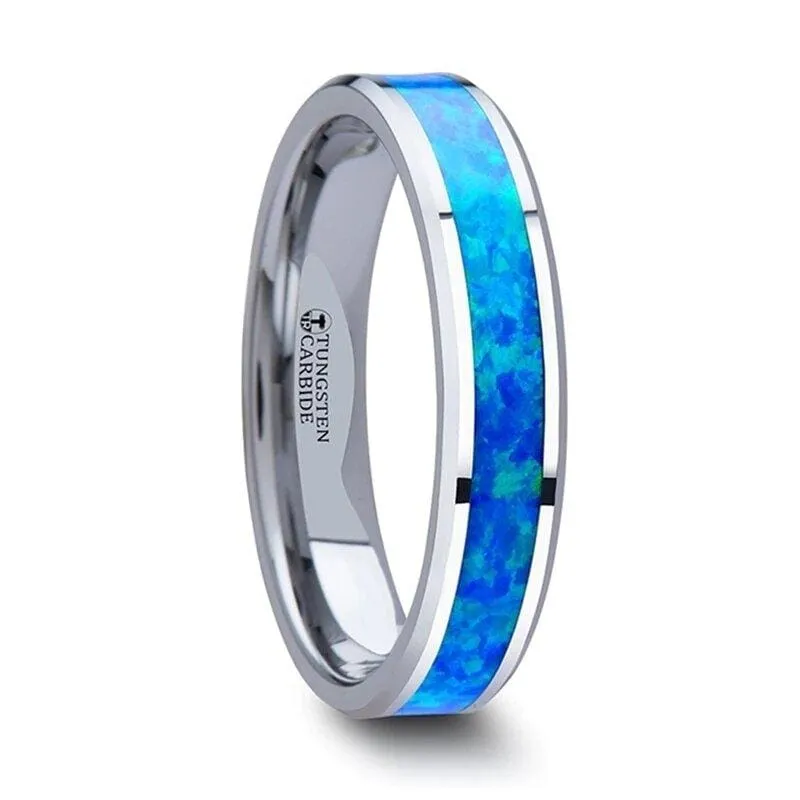 Gabriel Tungsten Wedding Band Set With Blue Green Opal Inlay - 4mm - 10mm