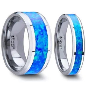 Gabriel Tungsten Wedding Band Set With Blue Green Opal Inlay - 4mm - 10mm