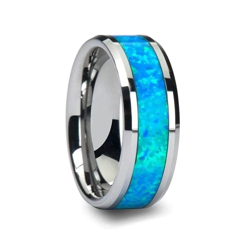 Gabriel Tungsten Wedding Band Set With Blue Green Opal Inlay - 4mm - 10mm