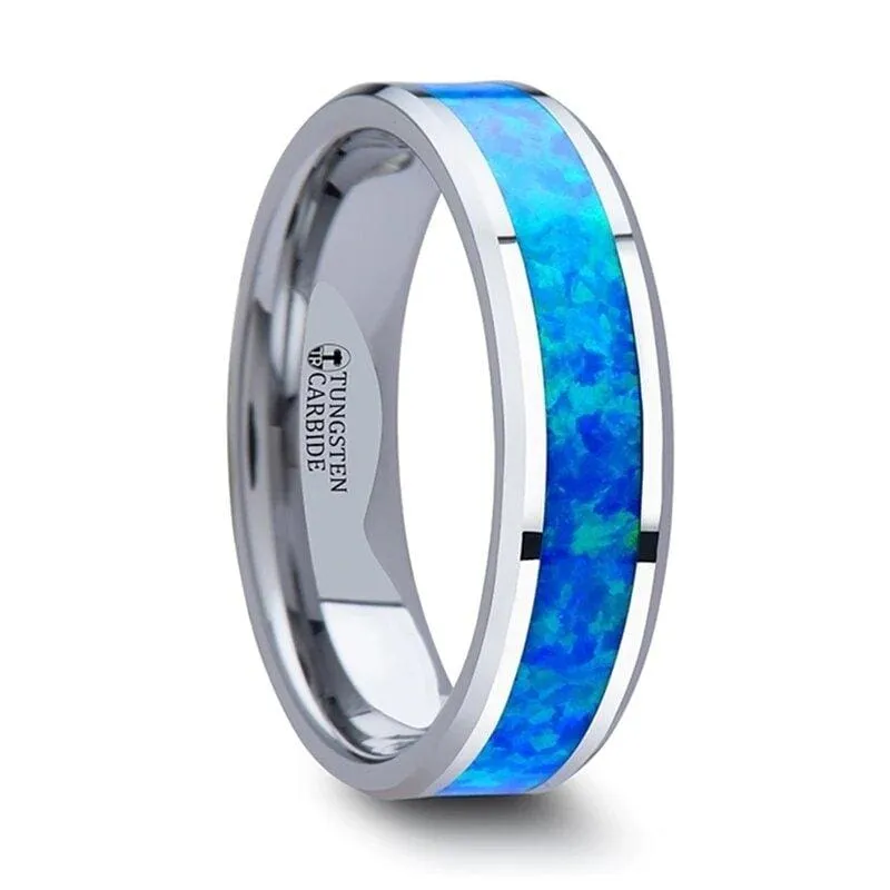 Gabriel Tungsten Wedding Band Set With Blue Green Opal Inlay - 4mm - 10mm