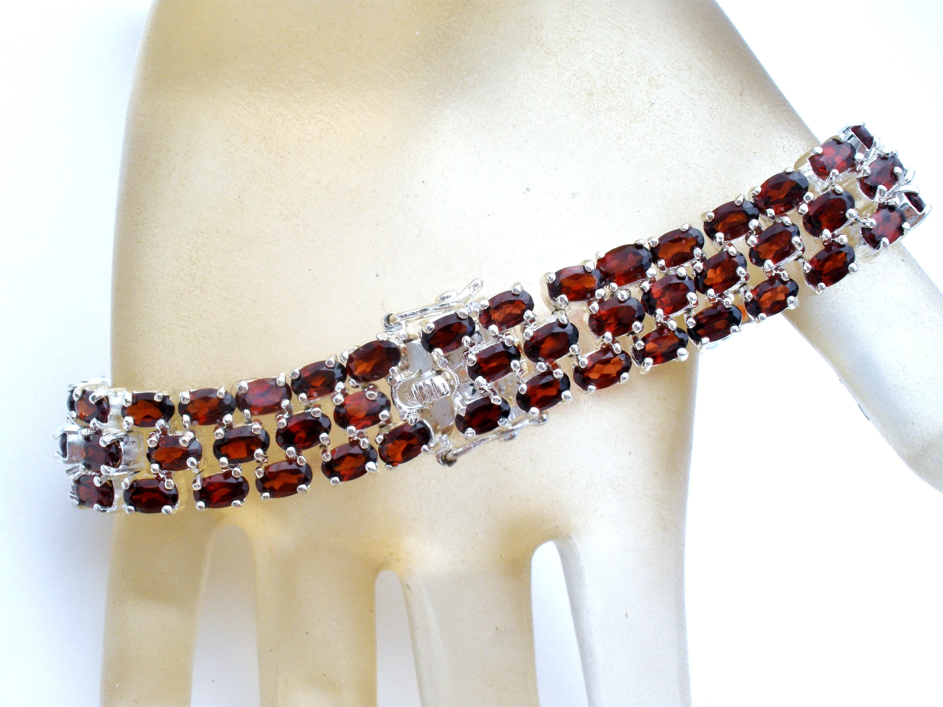 Garnet Tennis Bracelet 3 Row Sterling Silver