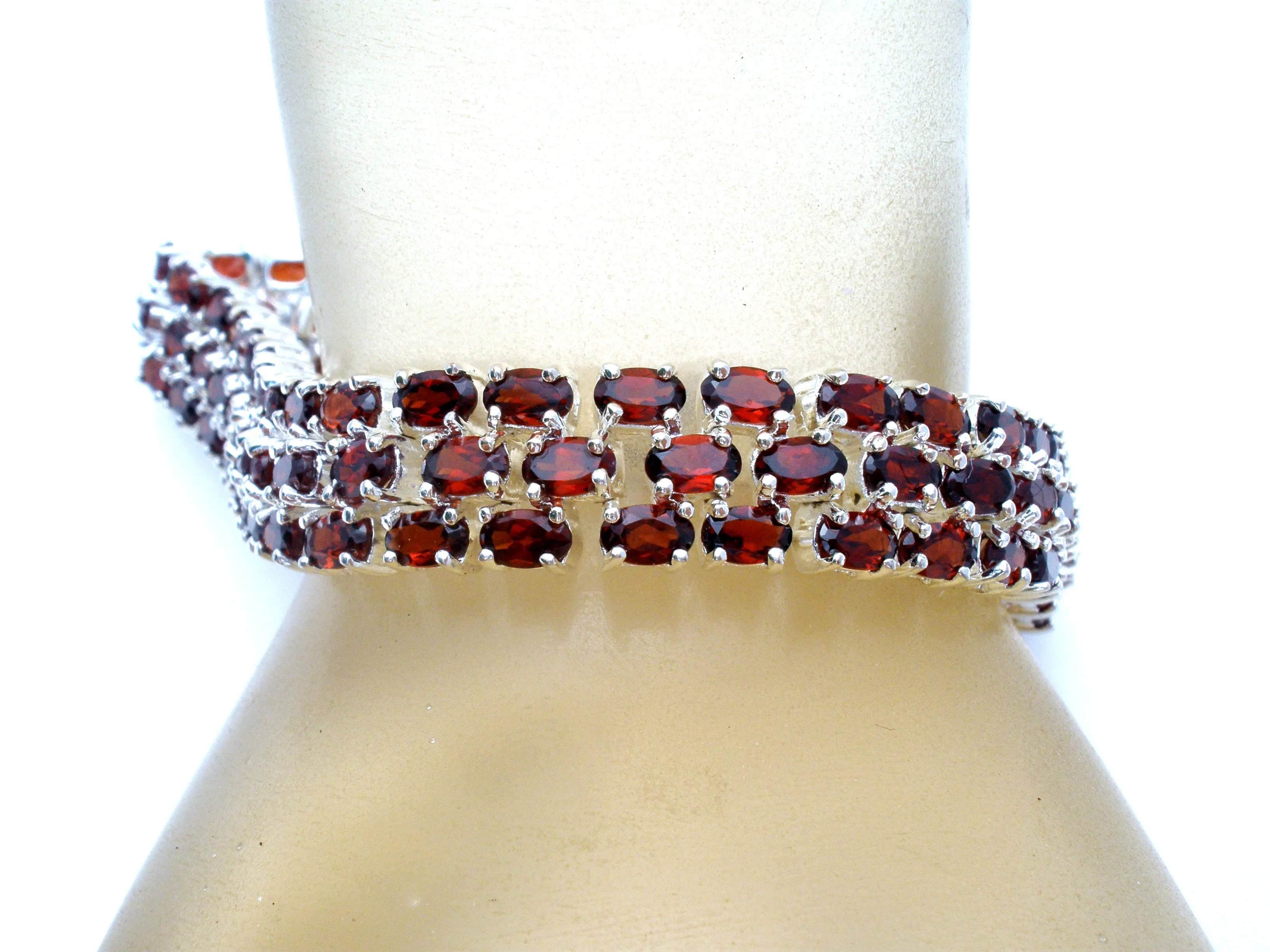 Garnet Tennis Bracelet 3 Row Sterling Silver