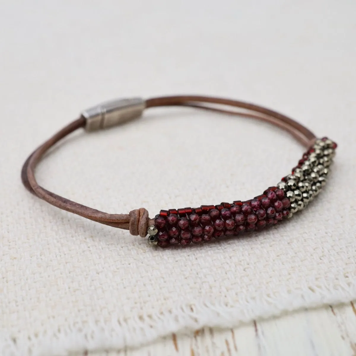 Garnet/Pyrite with Hand-Tied Double-Strand Grey Leather Bracelet