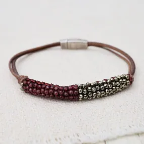 Garnet/Pyrite with Hand-Tied Double-Strand Grey Leather Bracelet