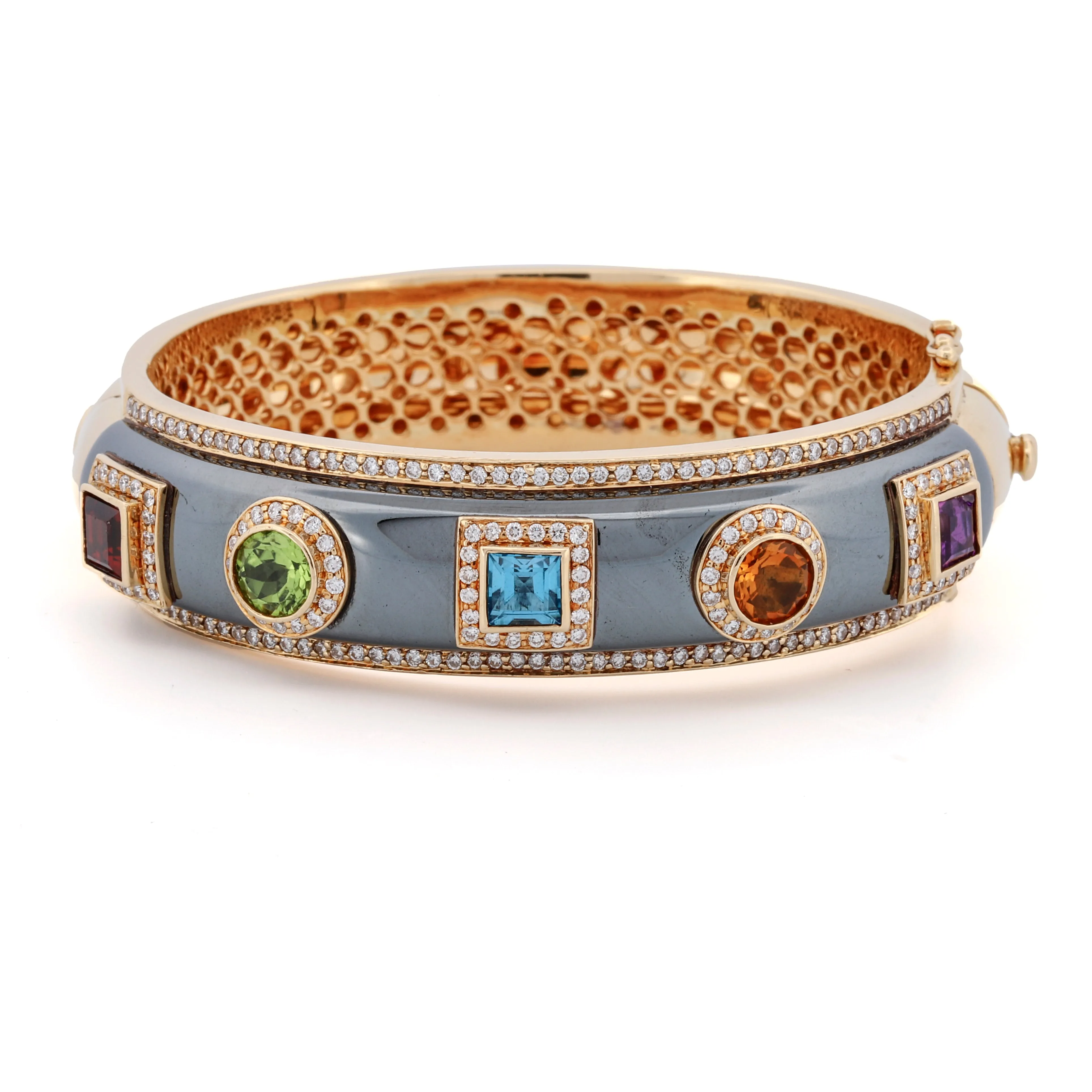 Gemstone Diamond Statement Bangle Bracelet in 18k Yellow Gold