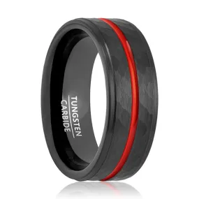 GLADIATOR | Black Tungsten Ring, Hammered, Red Groove, Stepped Edge