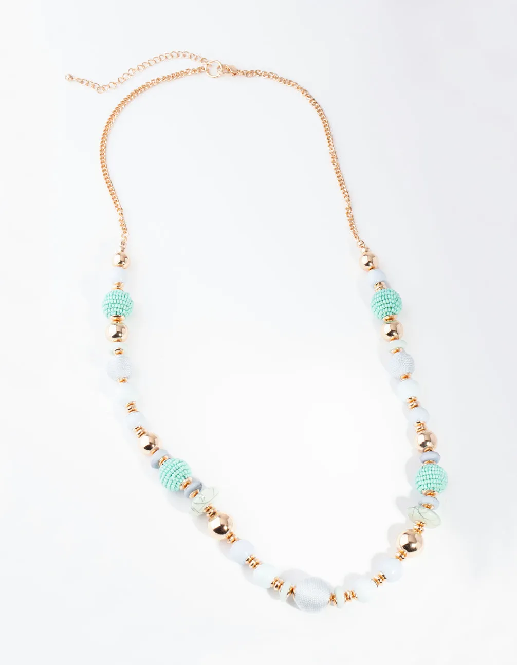 Gold Blue Round Bead Long Necklace