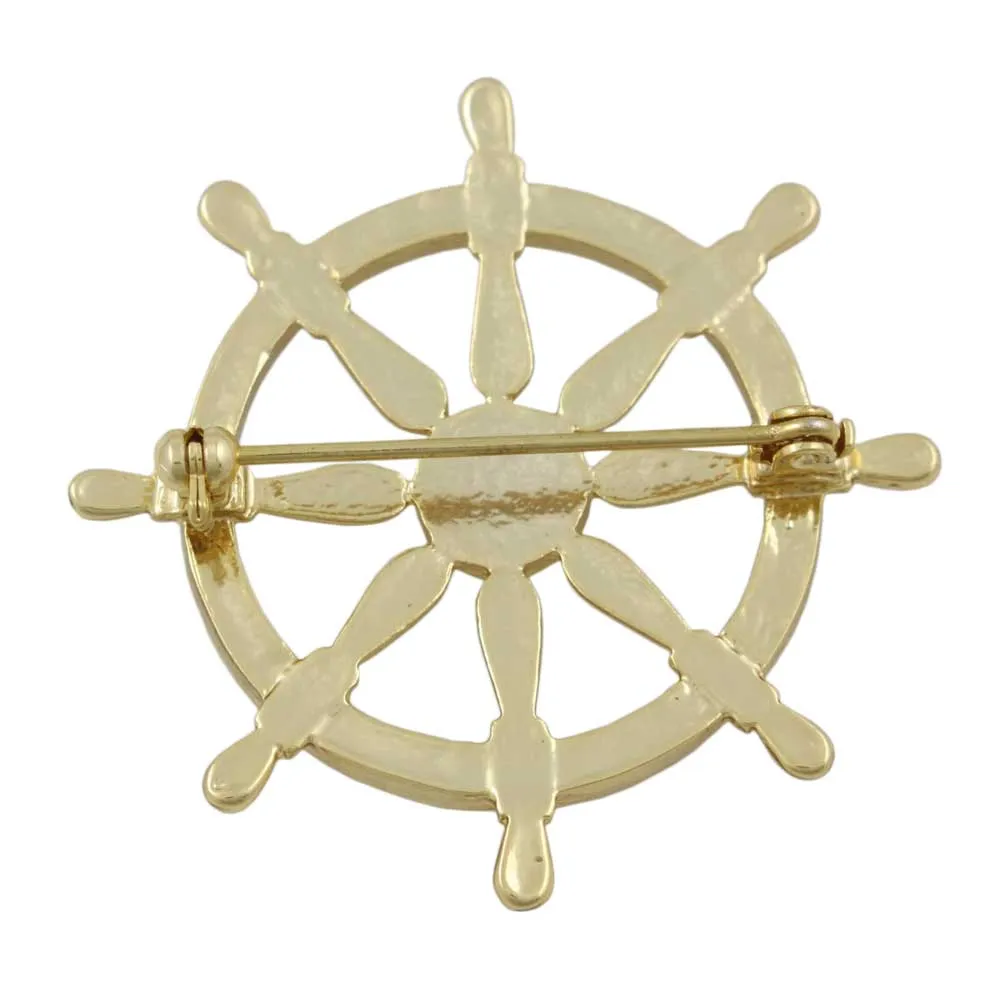 Gold Crystal Ship's Wheel Brooch Pin - PRF511