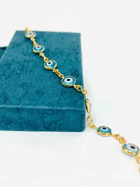 Gold Filled Aquamarine Evil Eye Bracelet for Womens Ladies 7.25" 3g / Protection Good Luck Bracelet / Womens Bracelet / Pulsera Mal de Ojo Para Mujer en Oro Laminado