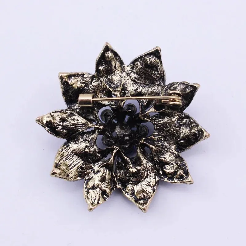 Gold Flower Rhinestone Brooch - Style 9 Blue