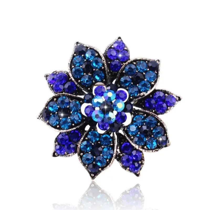 Gold Flower Rhinestone Brooch - Style 9 Blue