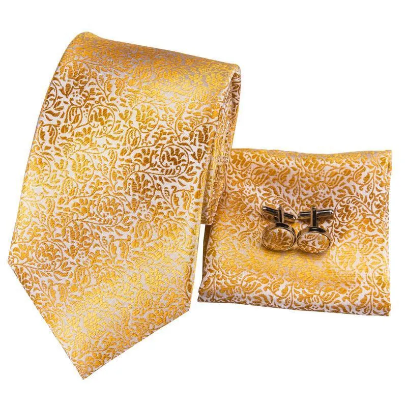 Gold Leaves Tie Handkerchief Cufflinks Set with Wedding Brooch