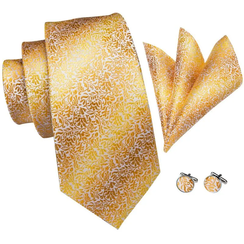 Gold Leaves Tie Handkerchief Cufflinks Set with Wedding Brooch