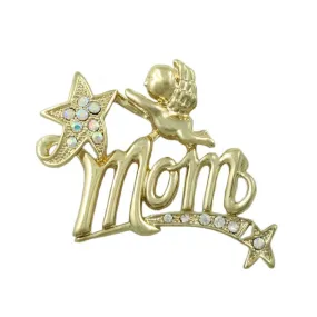 Gold MOM Cherub and Crystal Shooting Star Brooch Pin - PRF321