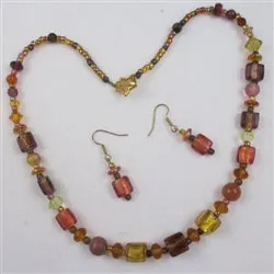 Golden Foil Glass and Jasper Beaded Necklace & Earrings