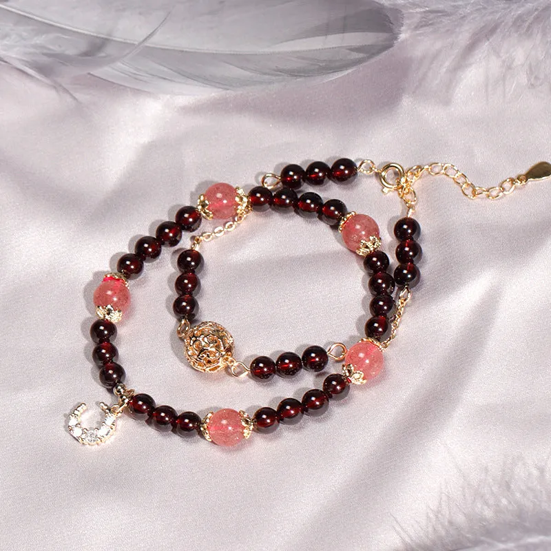 Golden Hair Crystal and Garnet Bead Bracelet for Women