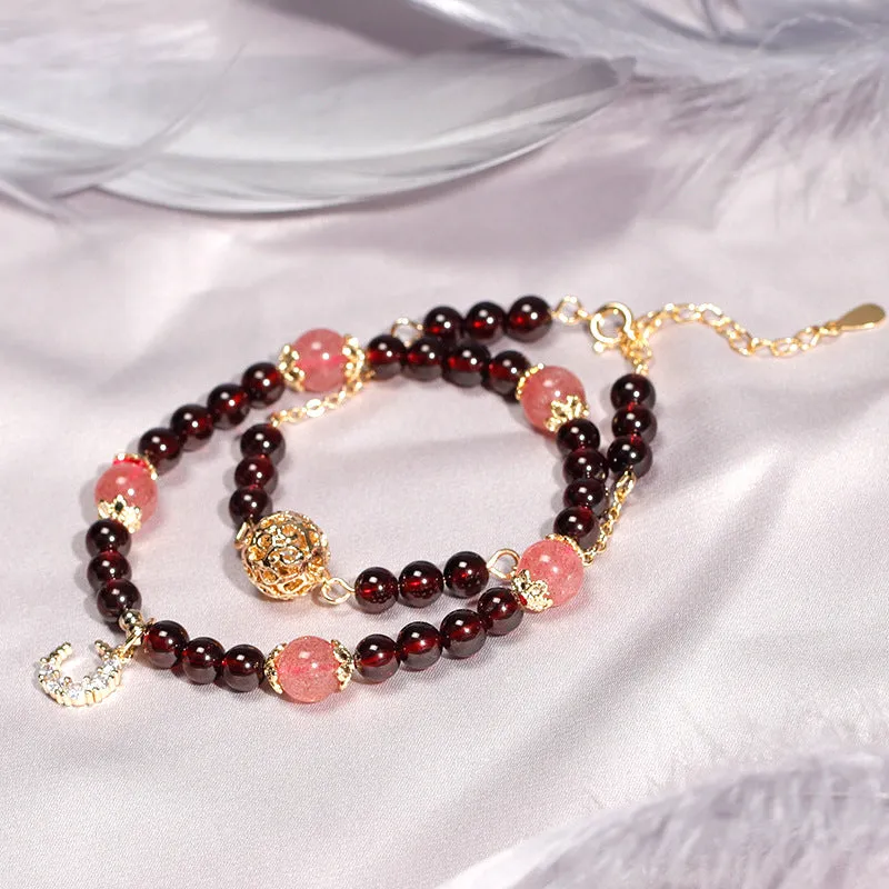 Golden Hair Crystal and Garnet Bead Bracelet for Women