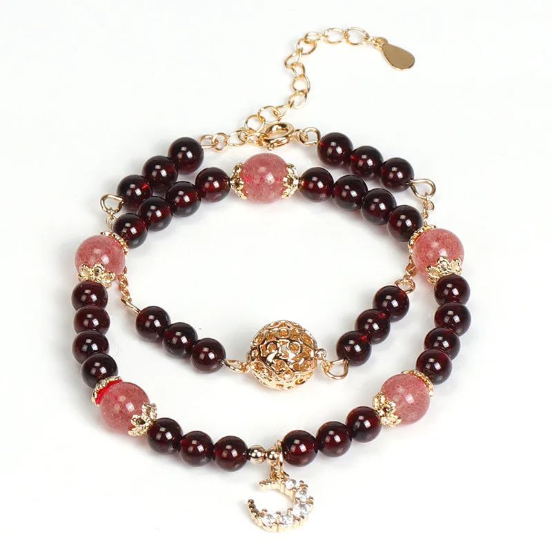 Golden Hair Crystal and Garnet Bead Bracelet for Women