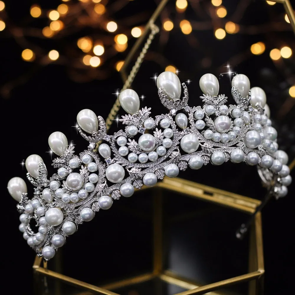 Gorgeous Wedding Tiara Bridal Crowns with Big Pearl Zircon Crystals Tiara de Novia