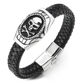 Gothic Mens Steel Pirate Skull ID Identification Braided Leather Bangle Bracelet, Silver Black