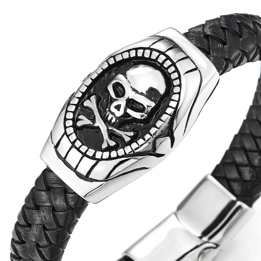 Gothic Mens Steel Pirate Skull ID Identification Braided Leather Bangle Bracelet, Silver Black