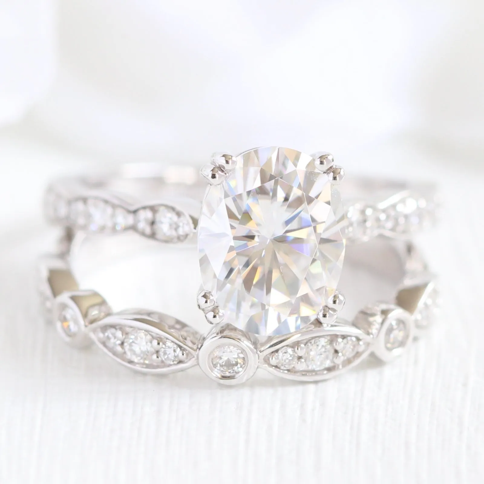 Grace Solitaire Oval Bridal Ring Set w/ Moissanite and Bezel Diamond Wedding Band