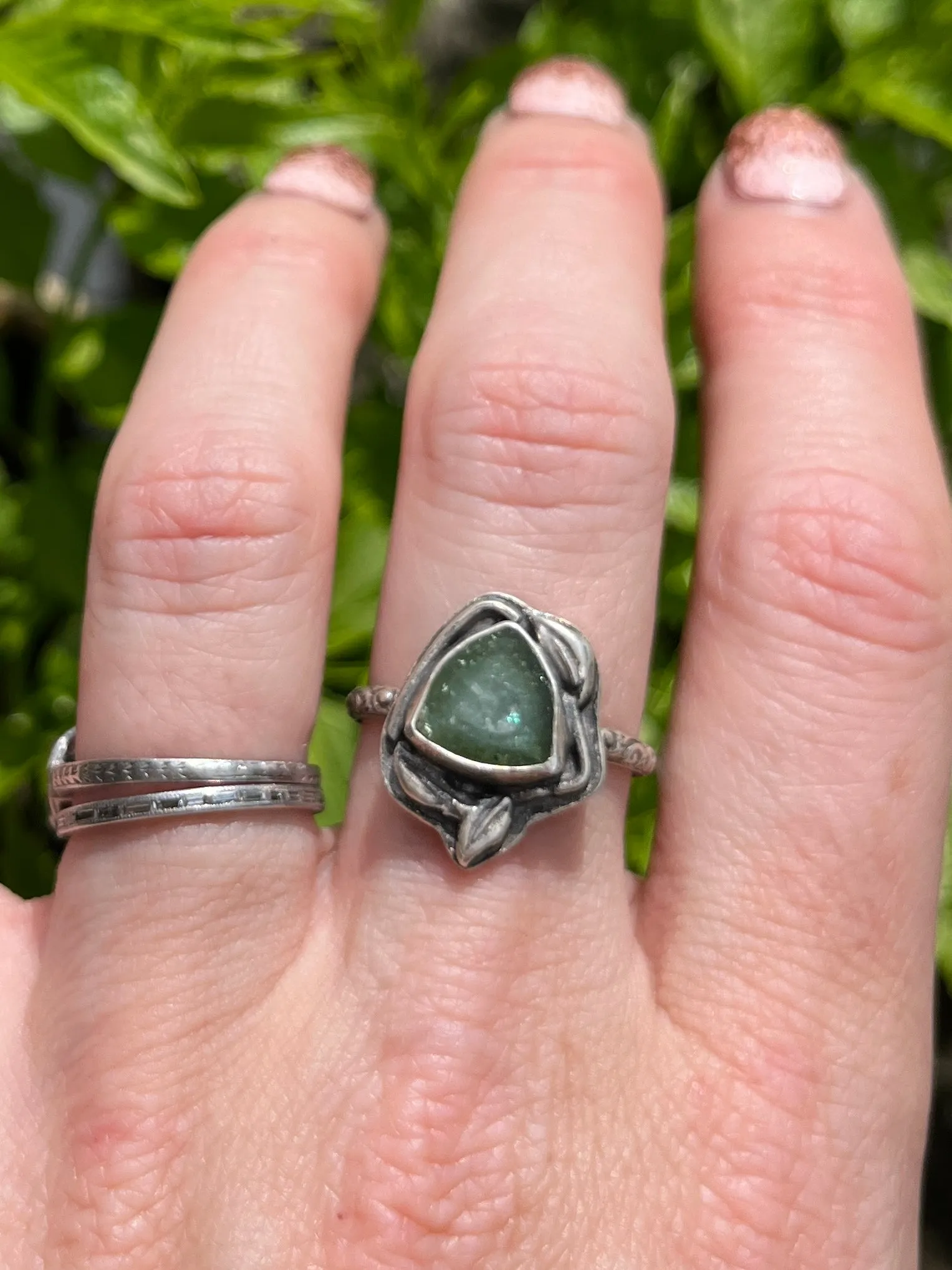 Green Tourmaline Slice Ring with Floral Band