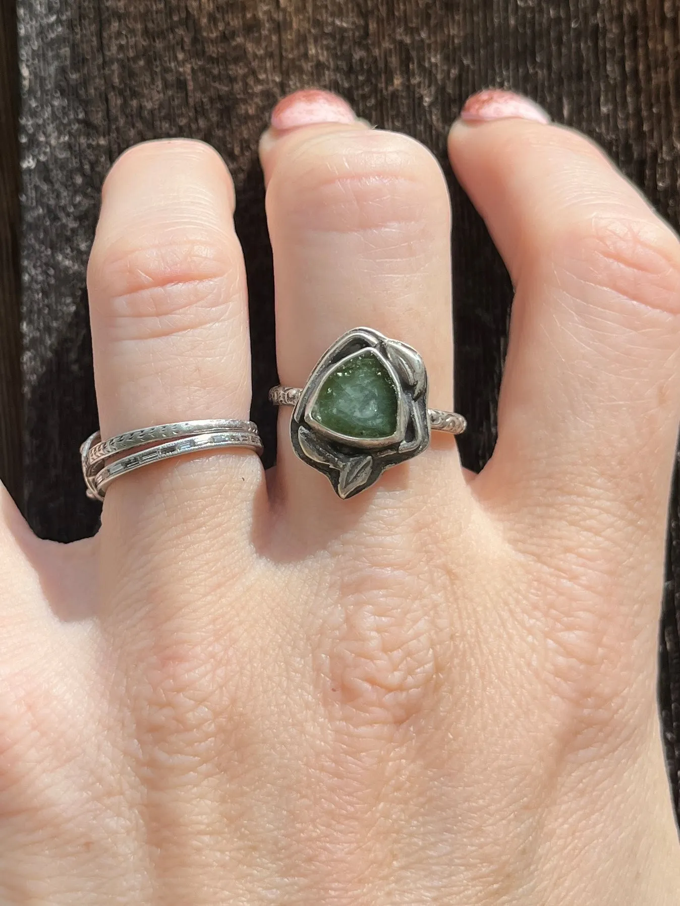 Green Tourmaline Slice Ring with Floral Band