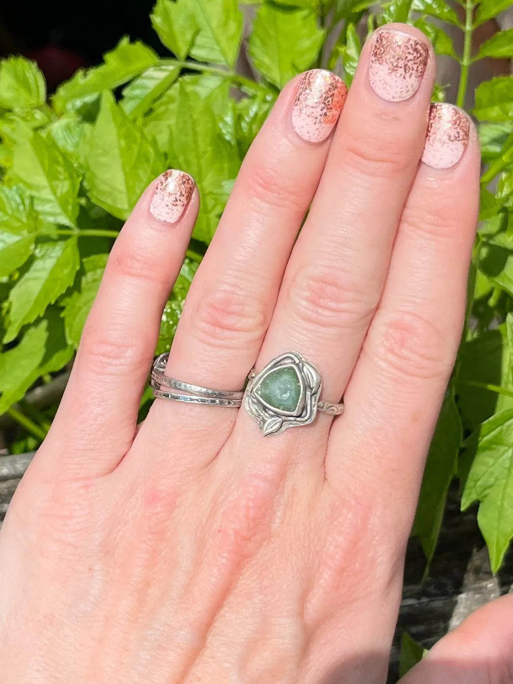 Green Tourmaline Slice Ring with Floral Band