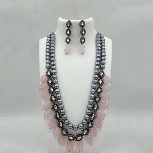 Grey Pearls Long Beaded Necklace And Earring Set