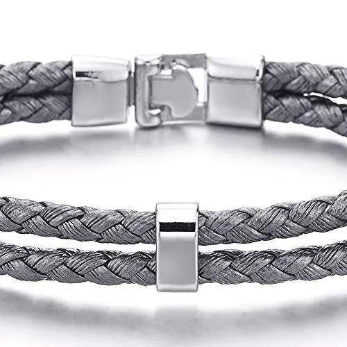 Grey Two-Row Braided Leather Bangle Bracelet Wristband for Mens Womens