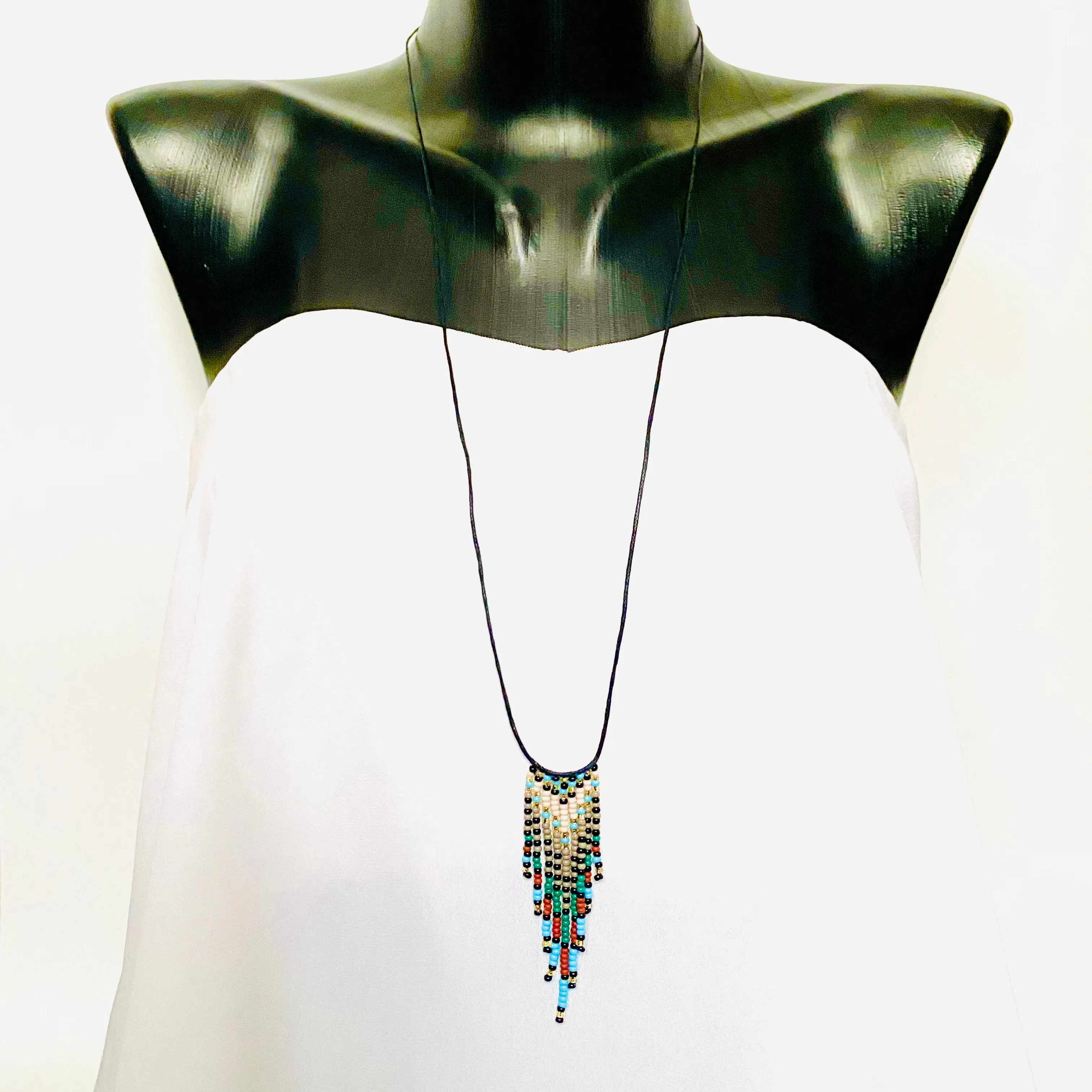 Handmade Adjustable Colorful Fringe Seed Bead Choker Necklace, Native inspired