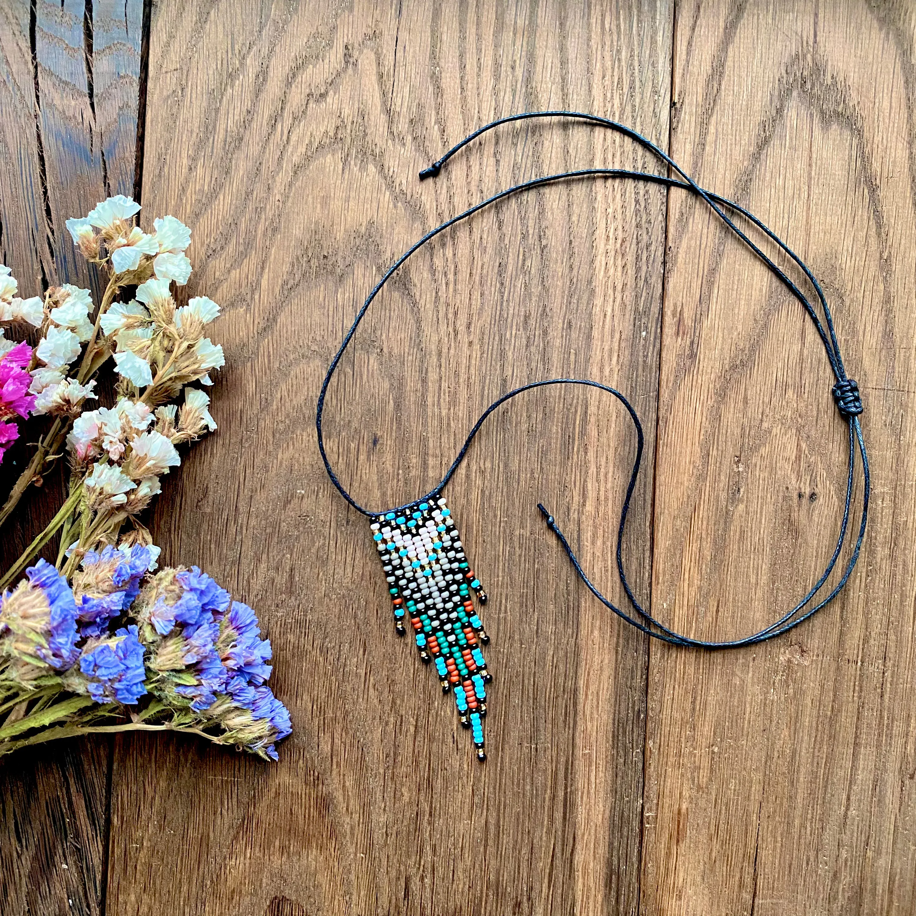 Handmade Adjustable Colorful Fringe Seed Bead Choker Necklace, Native inspired