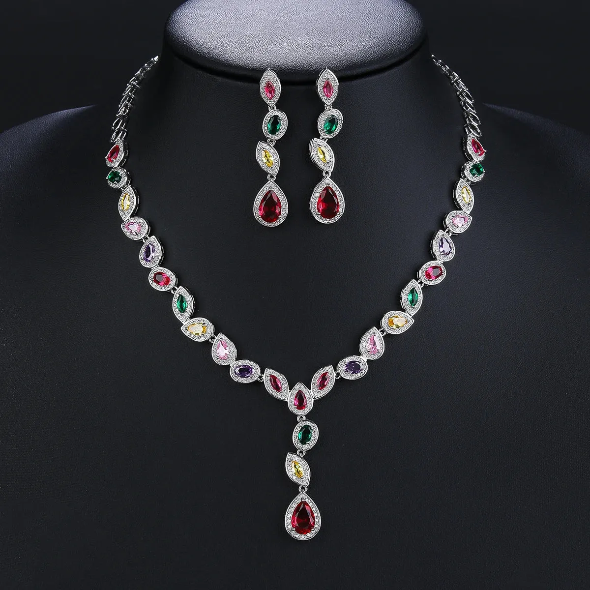 High Quality 5 Colors Zirconia Jewelry Set Bridal Wedding Party Accessories  Drop Necklace For Women CN10321