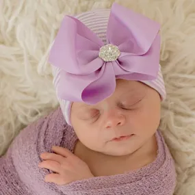 ilybean Ciara Bow Purple and  White Striped Hospital Hat with Purple Ribbon Bow with Rhinestone Center - Newborn Girl Hospital Hat