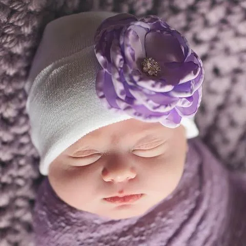 ilybean White Hat with Layered Purple (or Pink) Silk Flower with Pearl Rhinestone Center Newborn