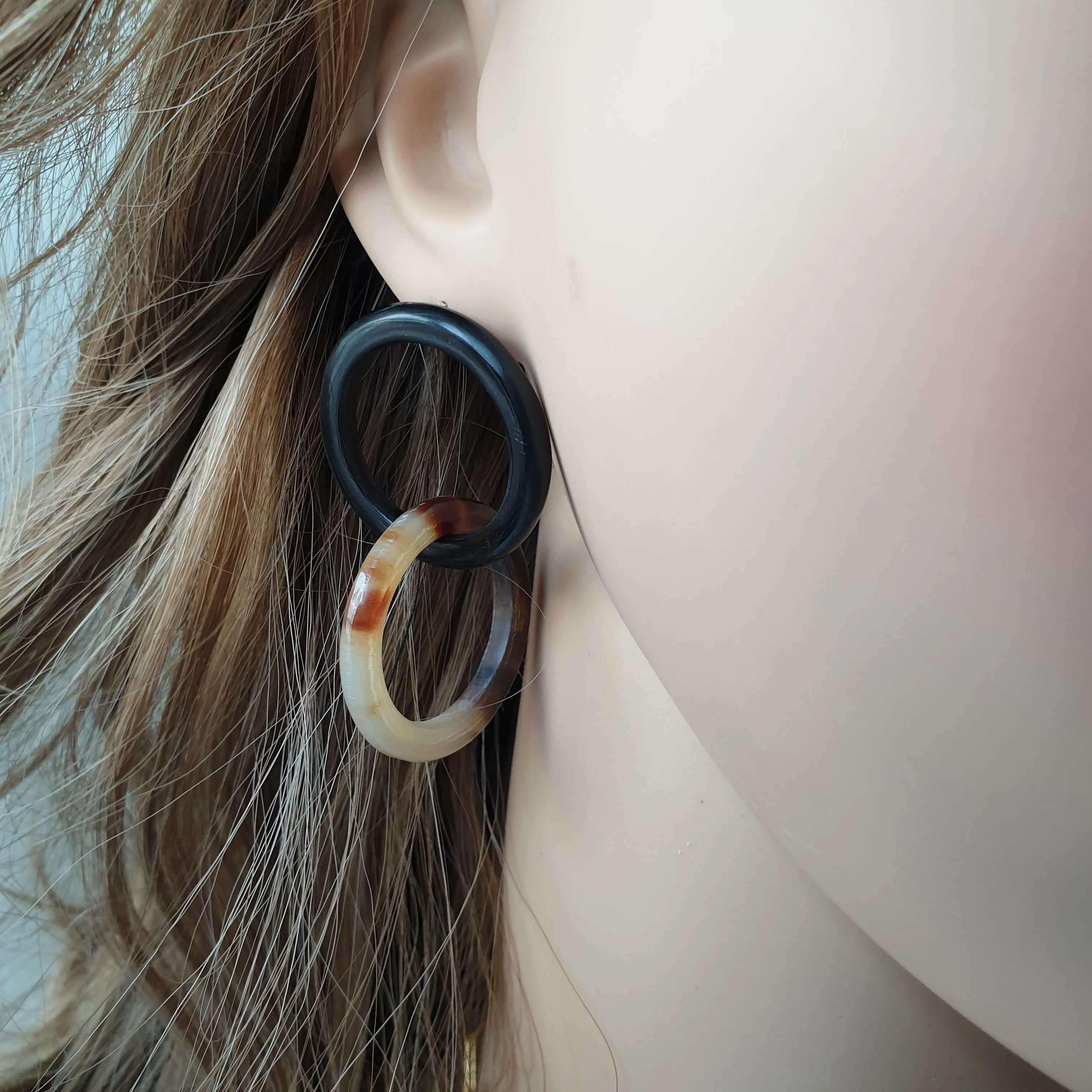 Jasmino Minimalist Black Brown Double Circle Stud Earrings Made By Natural Buffalo Horn