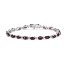 Jewelili Sterling Silver Oval Shape Garnet and Natural White Round Diamond Accent Link Bracelet