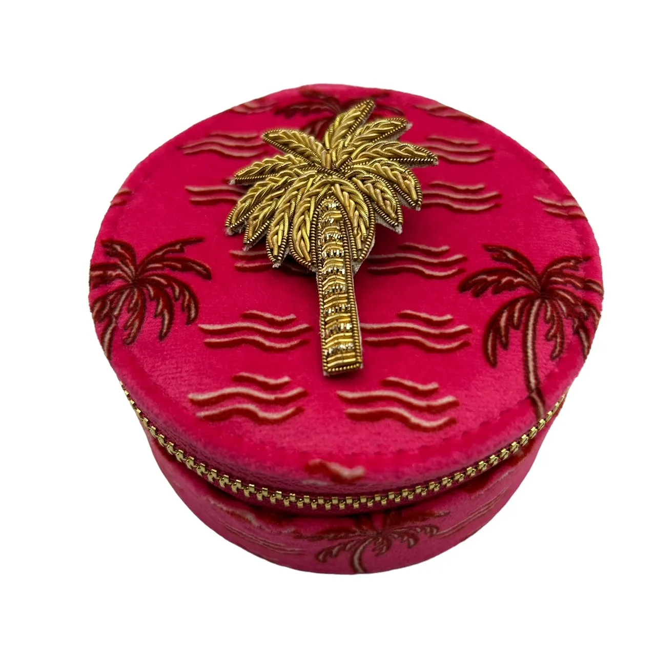 Jewellery travel pot in pink palm print with palm brooch