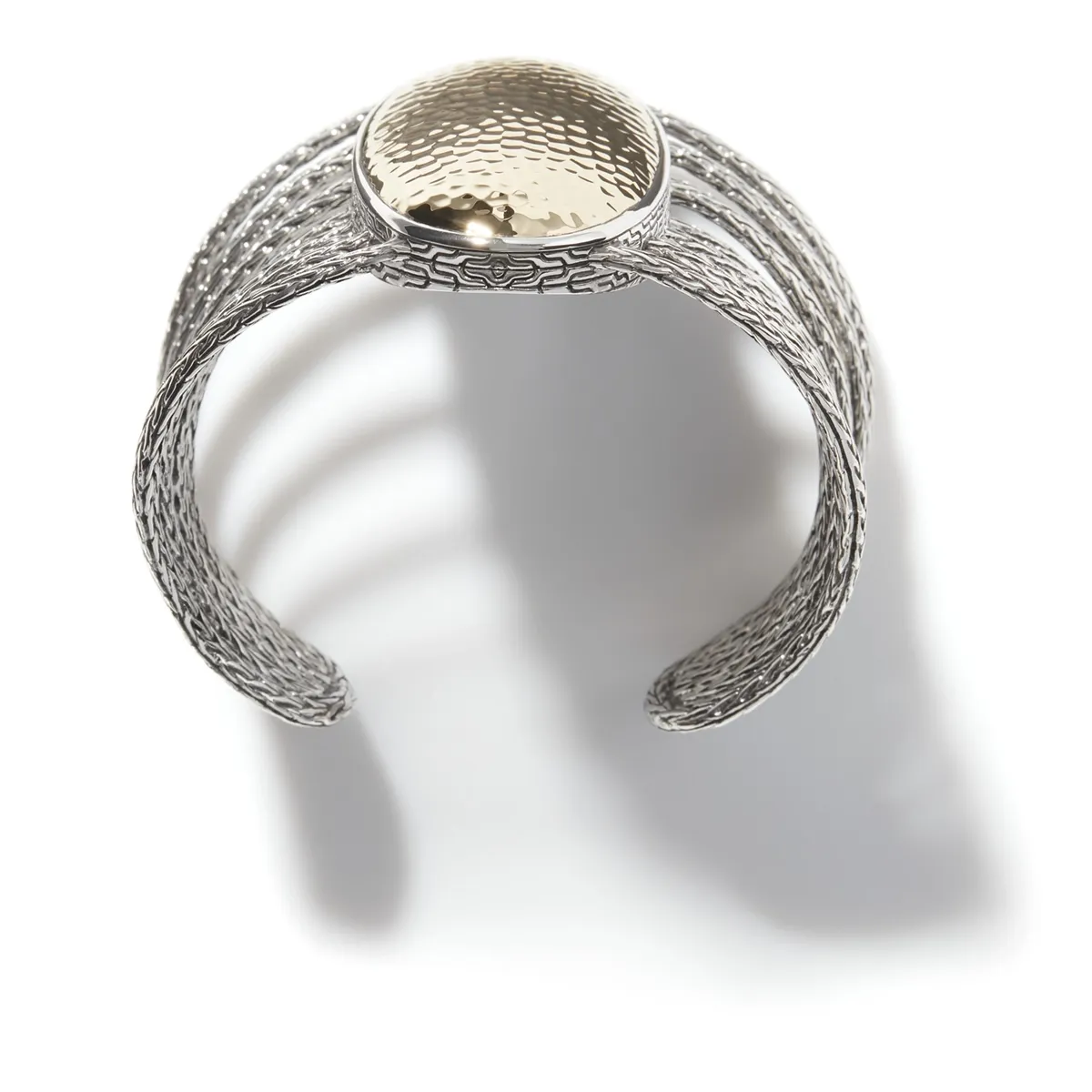 John Hardy Classic Chain Silver & 18K Gold Hammered Wide Cuff Bracelet