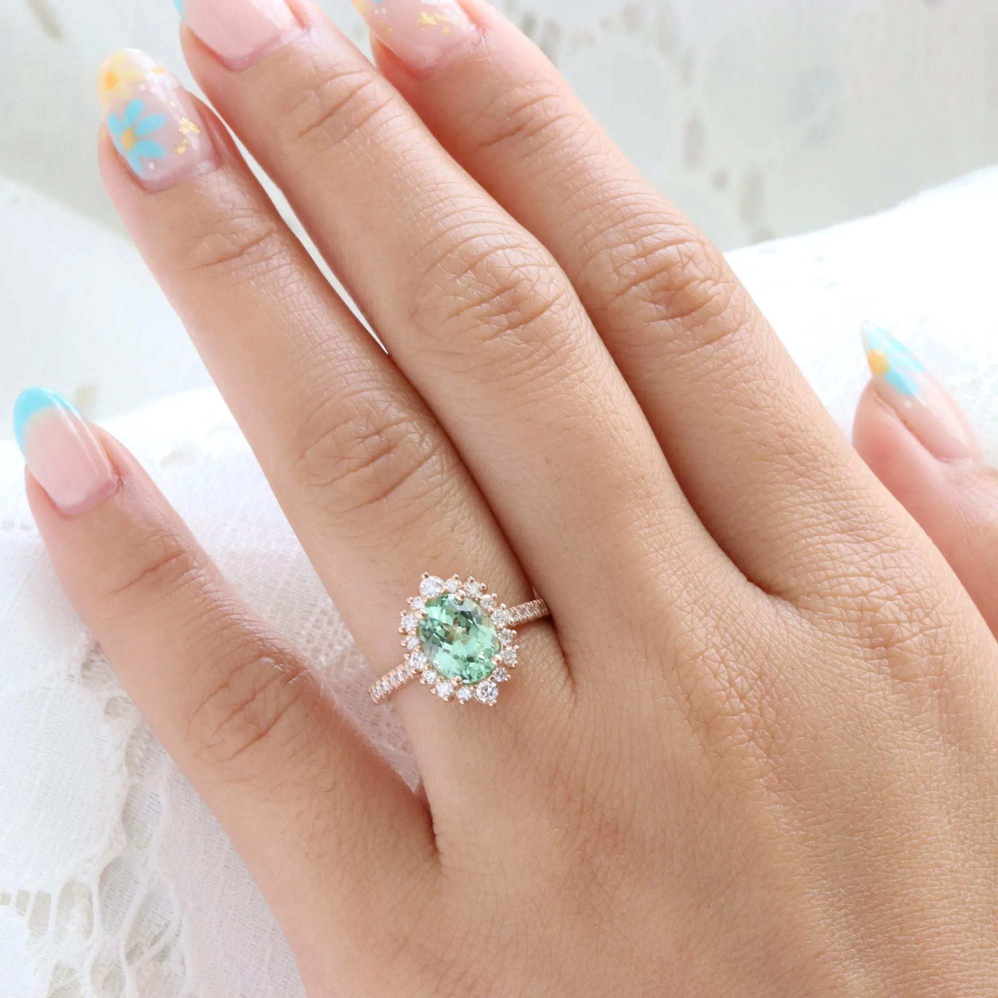 Large Oval Green Sapphire Ring in Tiara Halo Diamond Pave Band