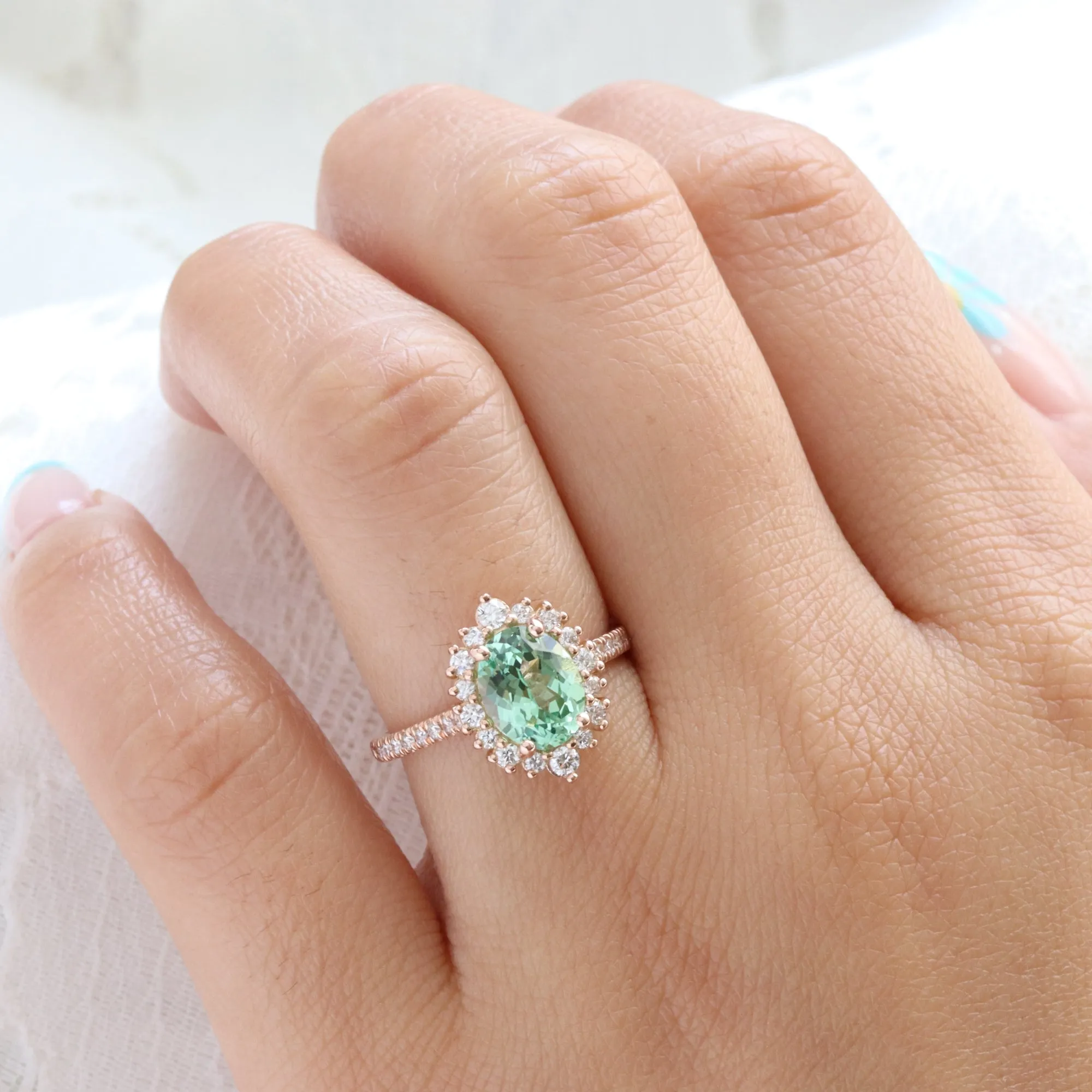 Large Oval Green Sapphire Ring in Tiara Halo Diamond Pave Band